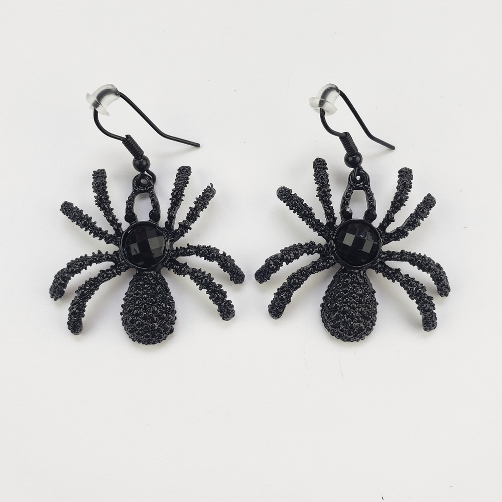 Gothic Creepy Metal Textured Jeweled Spider Wire Hook Dangle Earrings, Black